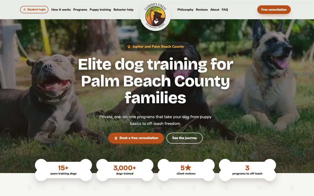 Local dog training company website homepage